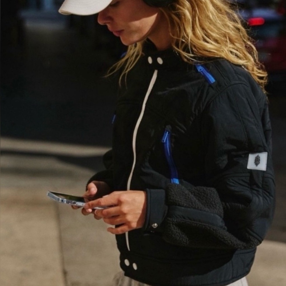 Free People Black Bomber Jacket with Blue Zippers